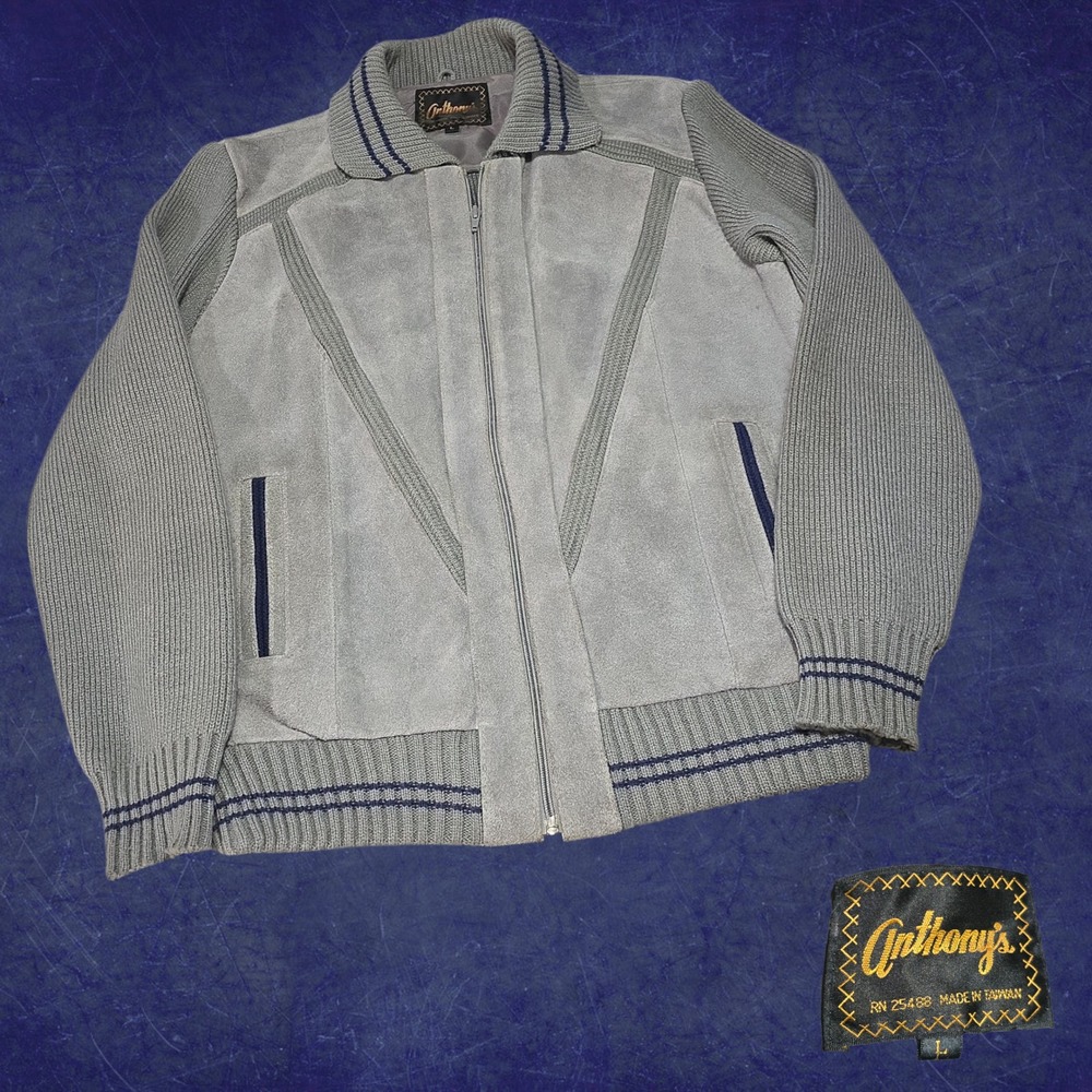 Anthony's Suede Knit Jacket‎ Mens Vintage Mixed Media Bomber Grey Large